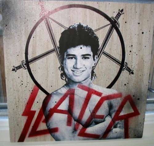 "Slater" logo: the "Slayer" logo featuring "Slater" from "Saved By the Bell"