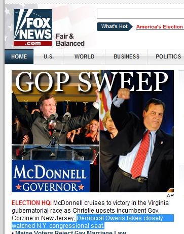 Clipping from Fox News site: "GOP SWEEP: McDonnell cruises to victory in the Virginia gubernatorial race as Christie upsets incumbent Gov. Corzine in New Jersey; Democrat Owens takes closely watched NY congressional seat."