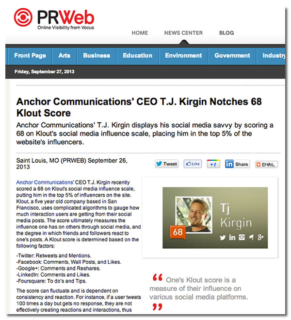 tj kirgin gets 68 klout score